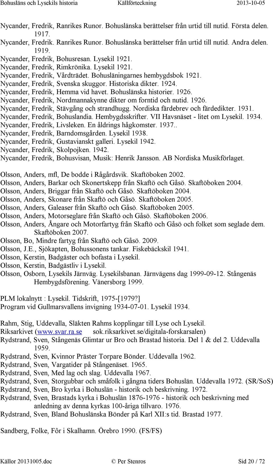 Historiska dikter. 1924. Nycander, Fredrik, Hemma vid havet. Bohuslänska historier. 1926. Nycander, Fredrik, Nordmannakynne dikter om forntid och nutid. 1926. Nycander, Fredrik, Stävgång och strandhugg.