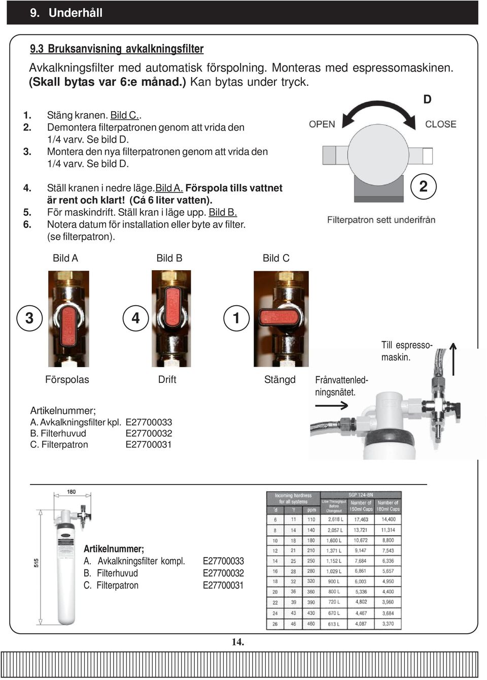 Förspola tills vattnet är rent och klart! (Cá 6 liter vatten). 5. För maskindrift. Ställ kran i läge upp. Bild B. 6. Notera datum för installation eller byte av filter. (se filterpatron).