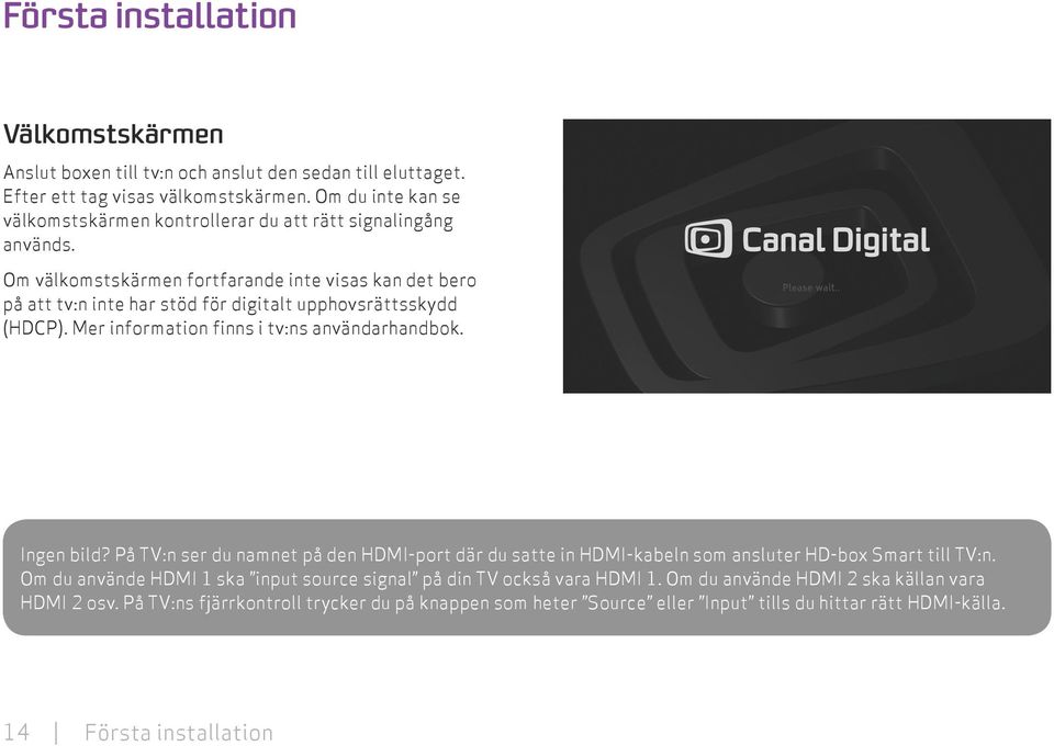 Om välkomstskärmen fortfarande inte visas kan det bero på att tv:n inte har stöd för digitalt upphovsrättsskydd (HDCP). Mer information finns i tv:ns användarhandbok. Ingen bild?