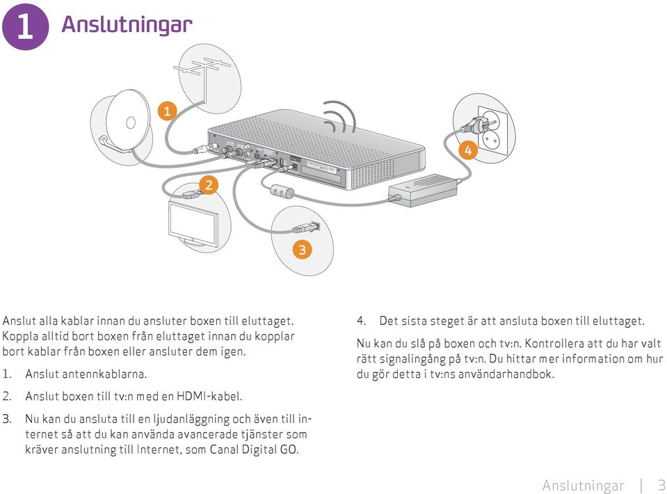 Det sista steget är att ansluta boxen till eluttaget. Nu kan du slå på boxen och tv:n. Kontrollera att du har valt rätt signalingång på tv:n.