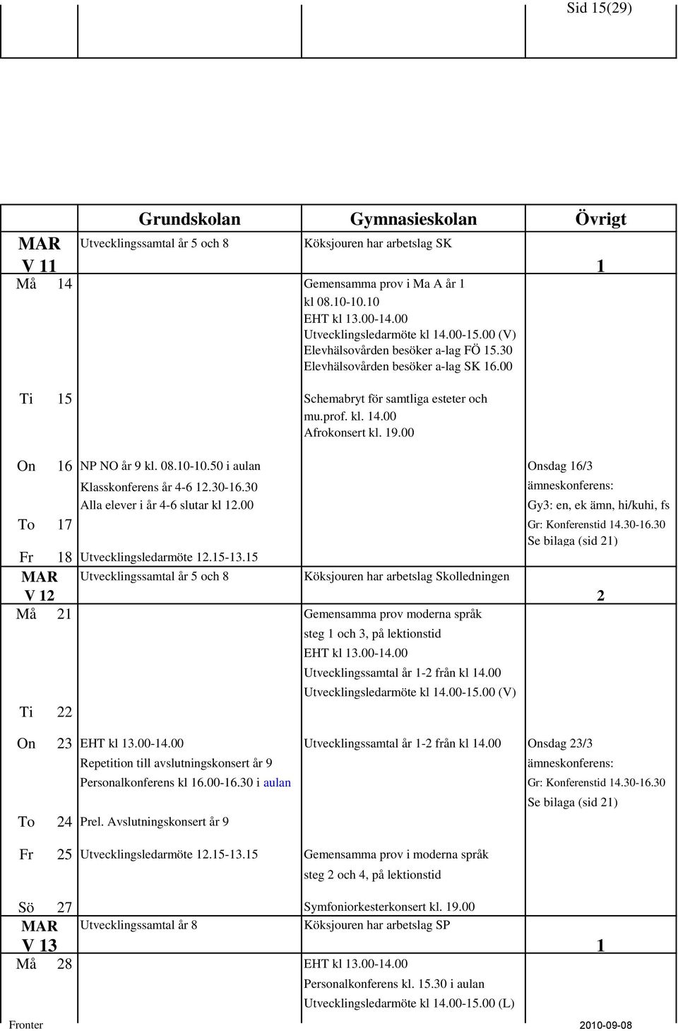 50 i aulan Onsdag 16/3 Klasskonferens år 4-6 12.30-16.30 Alla elever i år 4-6 slutar kl 12.00 1 Gy3: en, ek ämn, hi/kuhi, fs To 17 Gr: Konferenstid 14.30-16.30 Fr 18 Utvecklingsledarmöte 12.15-13.