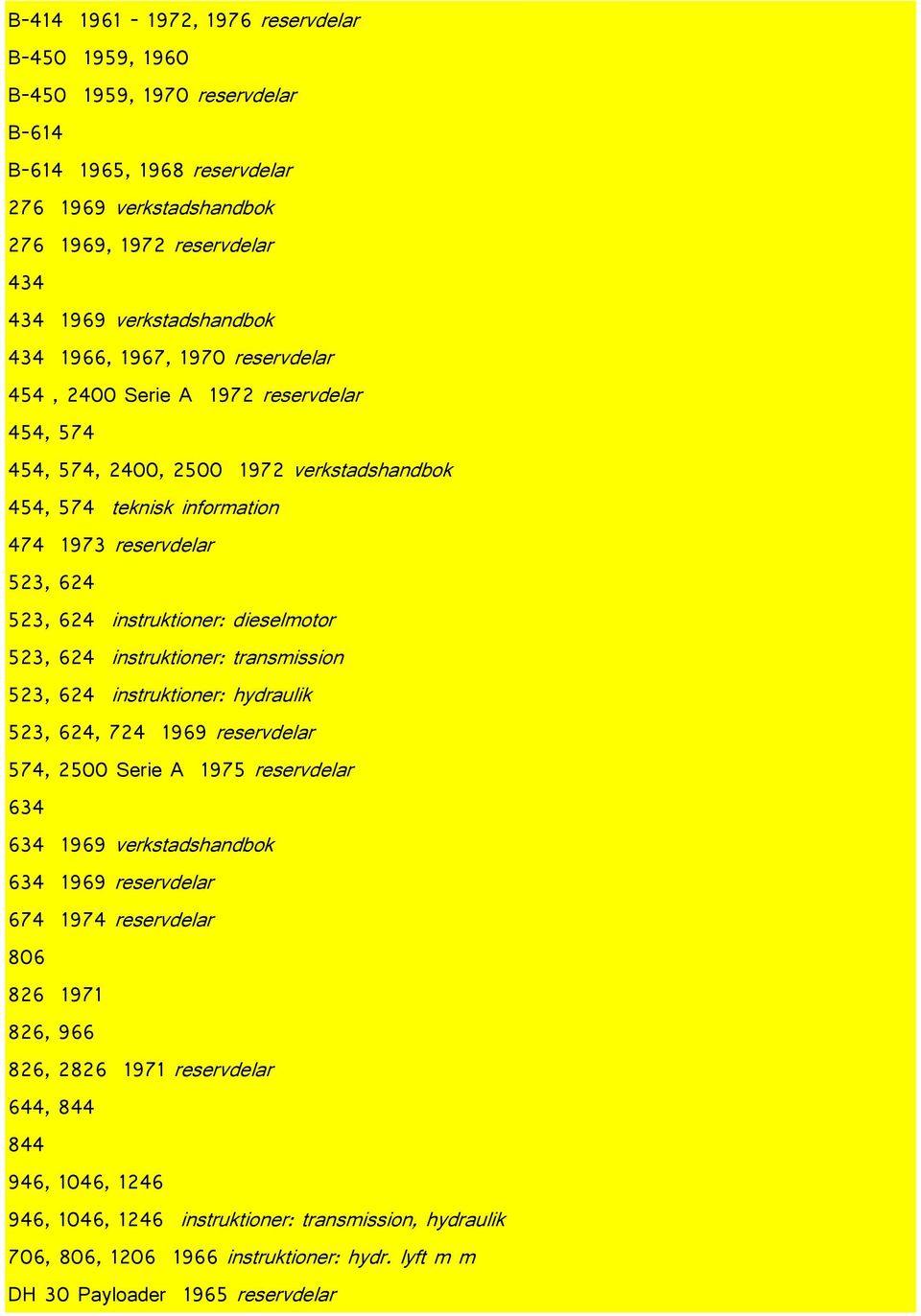 instruktioner: dieselmotor 523, 624 instruktioner: transmission 523, 624 instruktioner: hydraulik 523, 624, 724 1969 reservdelar 574, 2500 Serie A 1975 reservdelar 634 634 1969 verkstadshandbok 634