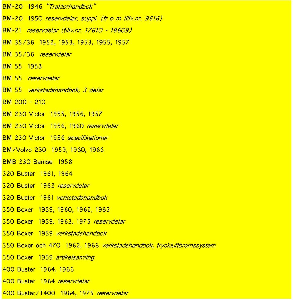 17610-18609) BM 35/36 1952, 1953, 1953, 1955, 1957 BM 35/36 reservdelar BM 55 1953 BM 55 reservdelar BM 55 verkstadshandbok, 3 delar BM 200-210 BM 230 Victor 1955, 1956, 1957 BM 230 Victor 1956,