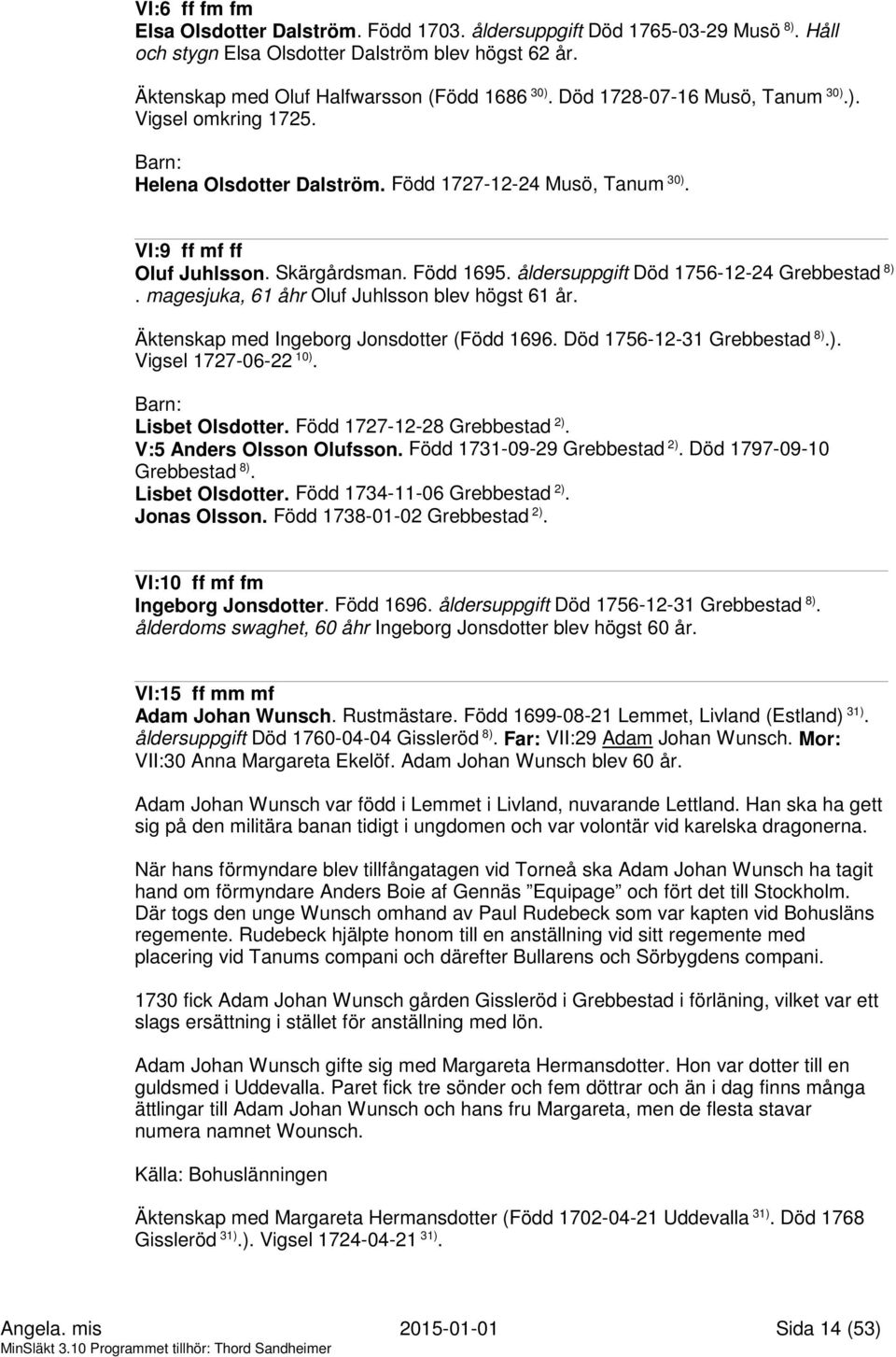 åldersuppgift Död 1756-12-24 Grebbestad 8). magesjuka, 61 åhr Oluf Juhlsson blev högst 61 år. Äktenskap med Ingeborg Jonsdotter (Född 1696. Död 1756-12-31 Grebbestad 8).). Vigsel 1727-06-22 10).