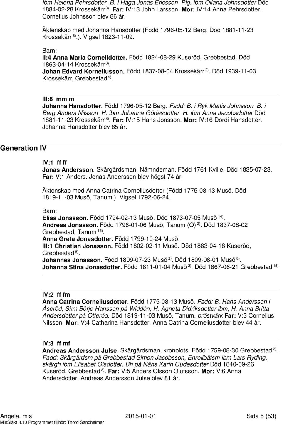 Död 1863-04-14 Krossekärr 8). Johan Edvard Korneliusson. Född 1837-08-04 Krossekärr 2). Död 1939-11-03 Krossekärr, Grebbestad 9). III:8 mm m Johanna Hansdotter. Född 1796-05-12 Berg. Fadd: B.