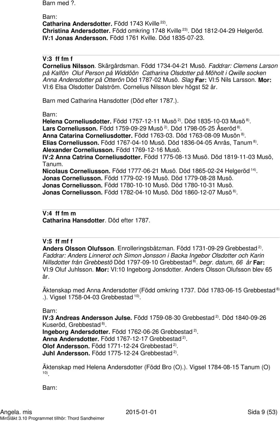 Faddrar: Clemens Larson på Kalfön Oluf Person på Widdöön Catharina Olsdotter på Möholt i Qwille socken Anna Andersdotter på Otterön Död 1787-02 Musö. Slag Far: VI:5 Nils Larsson.