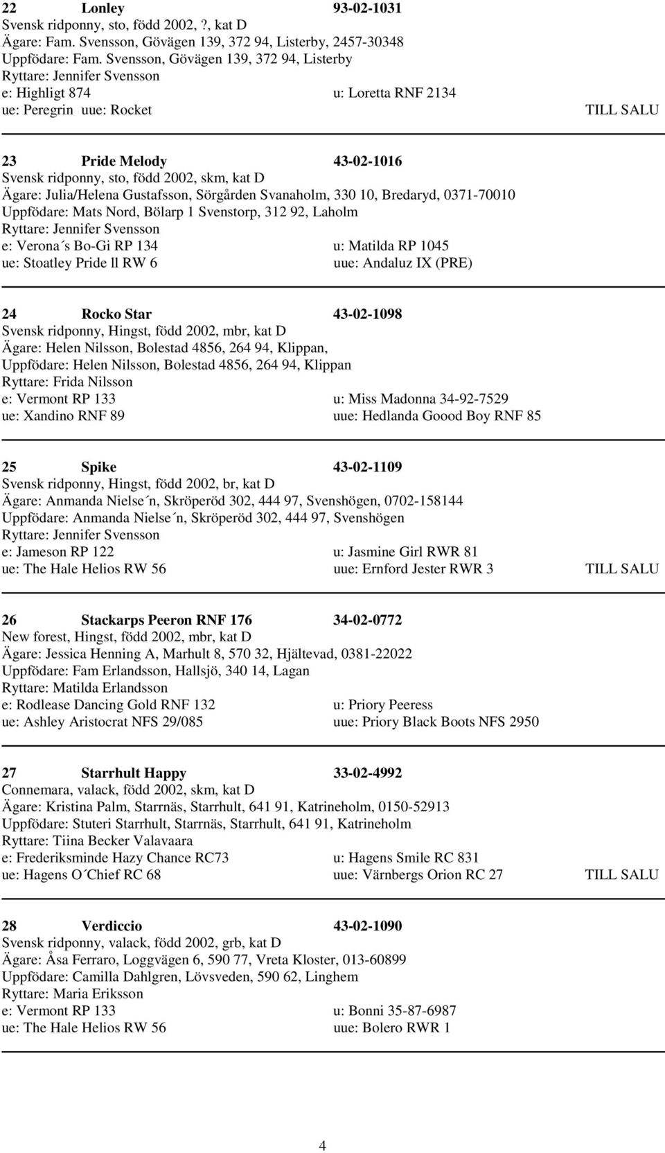 skm, kat D Ägare: Julia/Helena Gustafsson, Sörgården Svanaholm, 330 10, Bredaryd, 0371-70010 Uppfödare: Mats Nord, Bölarp 1 Svenstorp, 312 92, Laholm Ryttare: Jennifer Svensson e: Verona s Bo-Gi RP