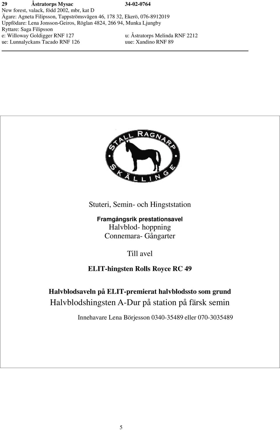 126 uue: Xandino RNF 89 Stuteri, Semin- och Hingststation Framgångsrik prestationsavel Halvblod- hoppning Connemara- Gångarter Till avel ELIT-hingsten Rolls Royce