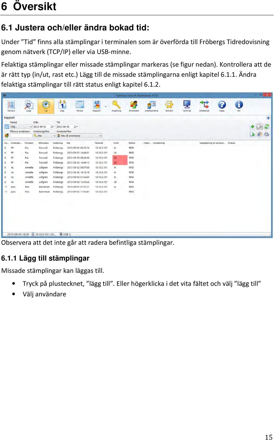 minne. Felaktiga stämplingar eller missade stämplingar markeras (se figur nedan). Kontrollera att de är rätt typ (in/ut, rast etc.