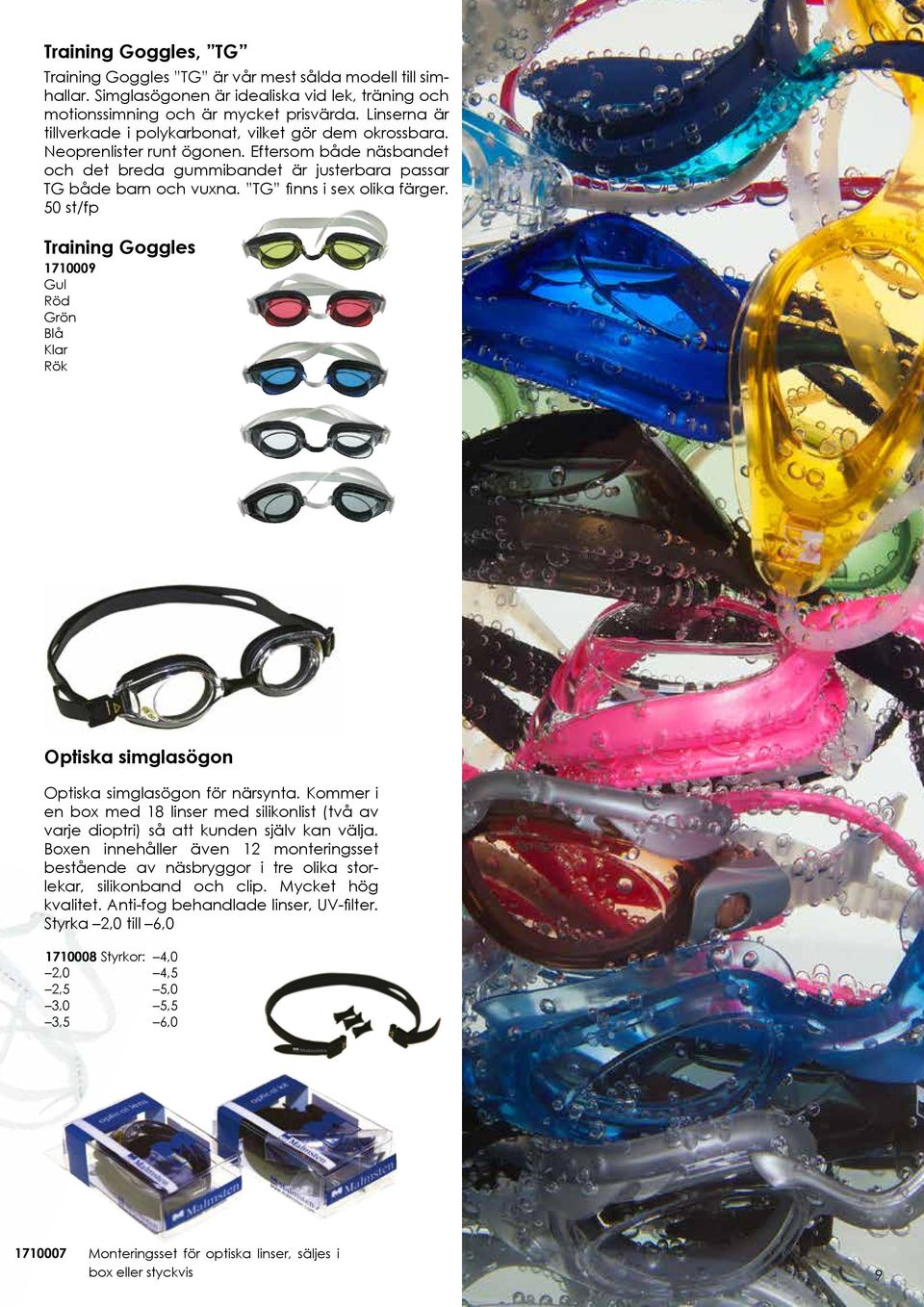 TG finns i sex olika färger. 50 st/fp Training Goggles 1710009 Gul Röd Grön Blå Klar Rök Optiska simglasögon Optiska simglasögon för närsynta.