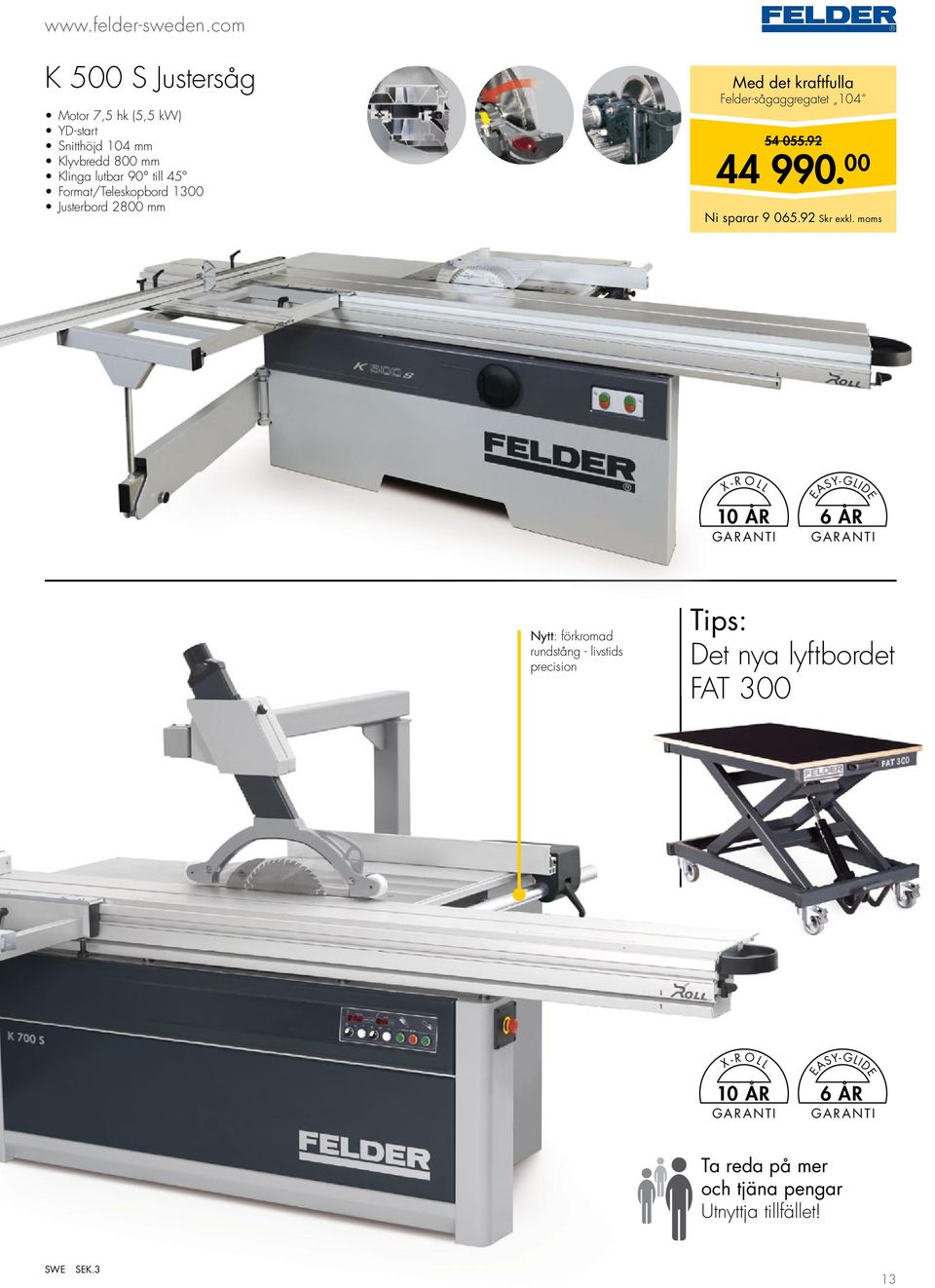 Format/Teleskopbord 1300 justerbord 2800 mm Med det kraftfulla Felder-sågaggregatet 104 54 055.92 44 990.