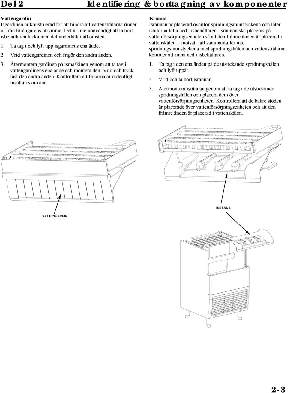 Återmontera gardinen på ismaskinen genom att ta tag i vattengardinens ena ände och montera den. Vrid och tryck fast den andra änden. Kontrollera att flikarna är ordentligt insatta i skårorna.