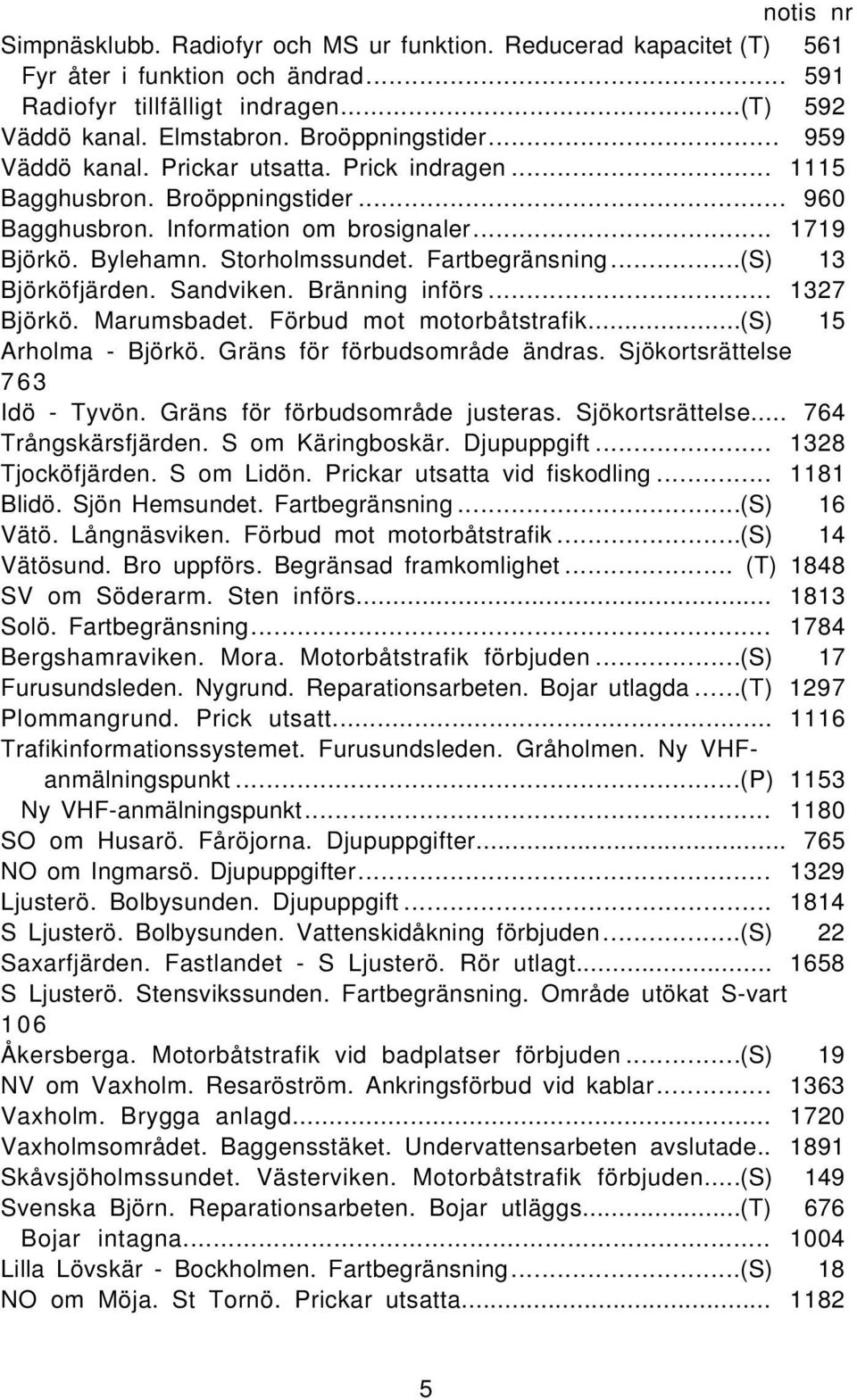 ..(S) 13 Björköfjärden. Sandviken. Bränning införs... 1327 Björkö. Marumsbadet. Förbud mot motorbåtstrafik...(s) 15 Arholma - Björkö. Gräns för förbudsområde ändras. Sjökortsrättelse 763 Idö - Tyvön.