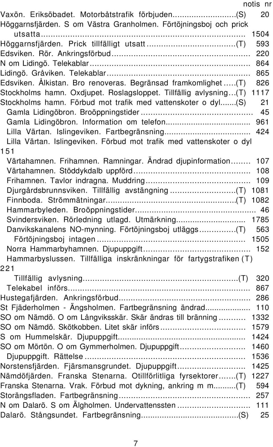 Roslagsloppet. Tillfällig avlysning...(t) 1117 Stockholms hamn. Förbud mot trafik med vattenskoter o dyl...(s) 21 Gamla Lidingöbron. Broöppningstider... 45 Gamla Lidingöbron. Information om telefon.