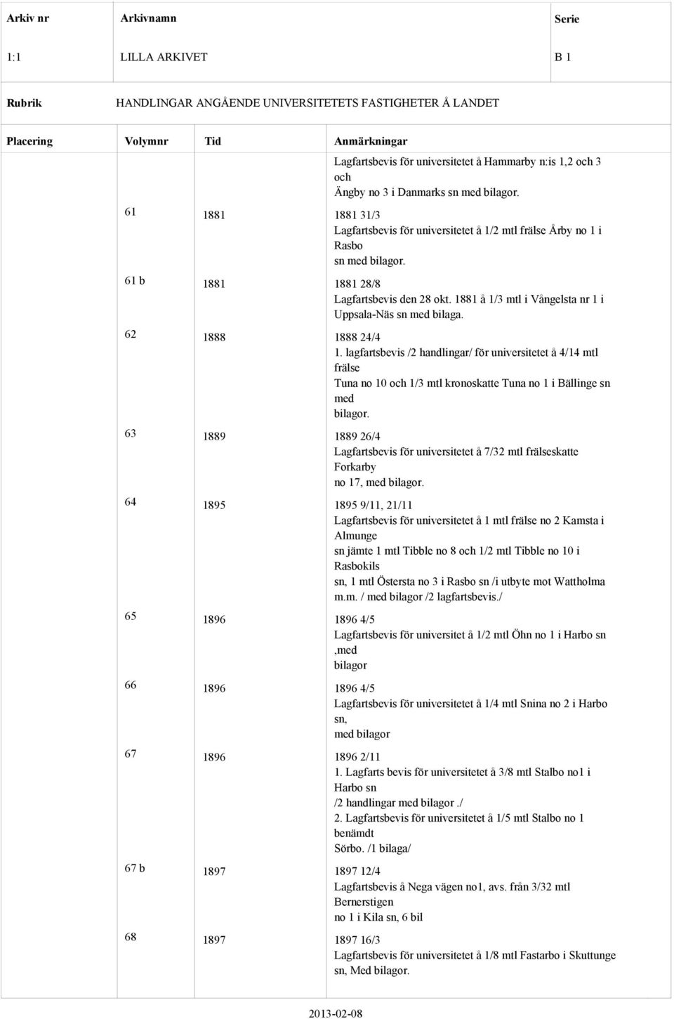 lagfartsbevis /2 handlingar/ för universitetet å 4/14 mtl frälse Tuna no 10 och 1/3 mtl kronoskatte Tuna no 1 i Bällinge sn med 63 1889 1889 26/4 Lagfartsbevis för universitetet å 7/32 mtl