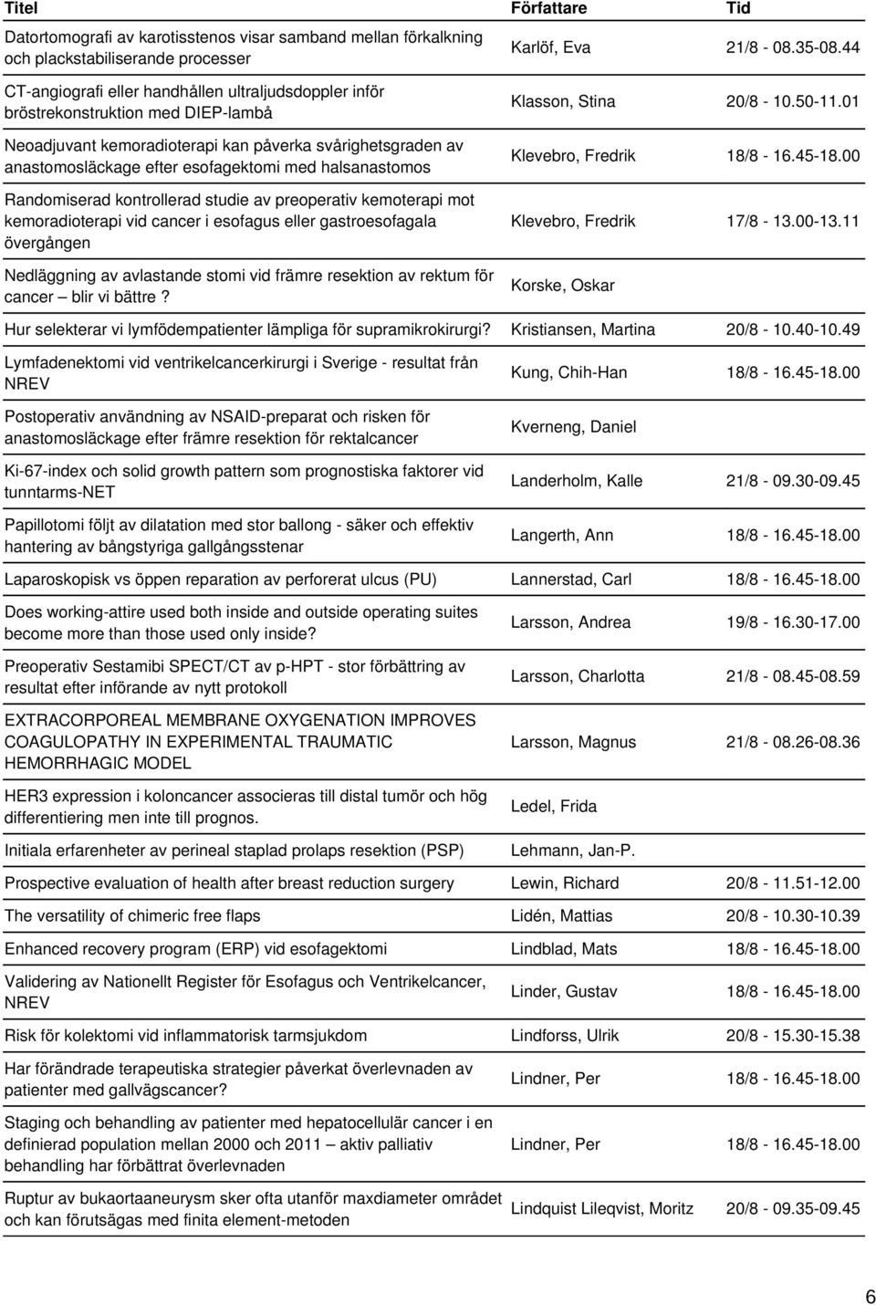 halsanastomos Randomiserad kontrollerad studie av preoperativ kemoterapi mot kemoradioterapi vid cancer i esofagus eller gastroesofagala övergången Nedläggning av avlastande stomi vid främre