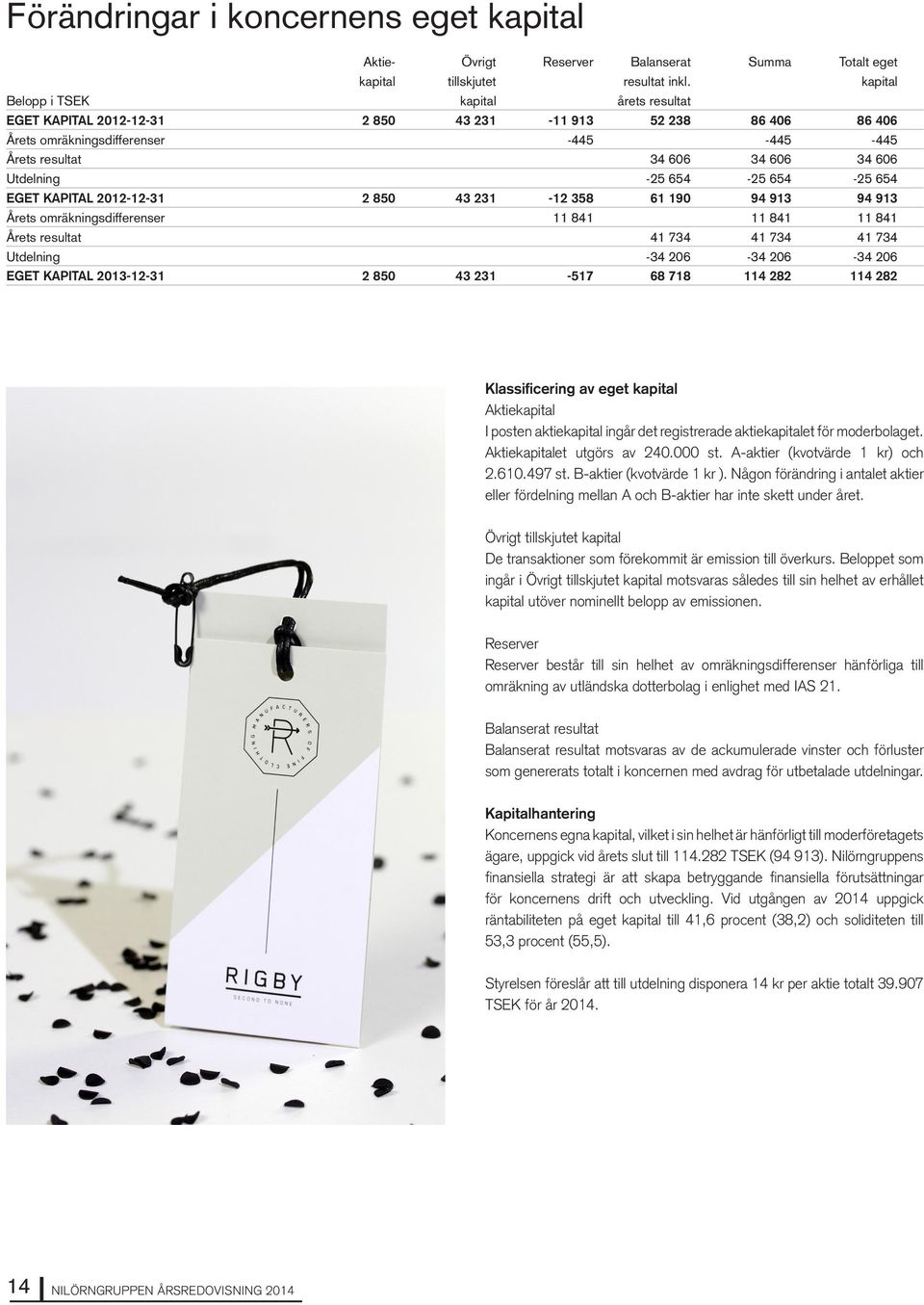 -25 654-25 654-25 654 EGET KAPITAL 2012-12-31 2 850 43 231-12 358 61 190 94 913 94 913 Årets omräkningsdifferenser 11 841 11 841 11 841 Årets resultat 41 734 41 734 41 734 Utdelning -34 206-34 206-34