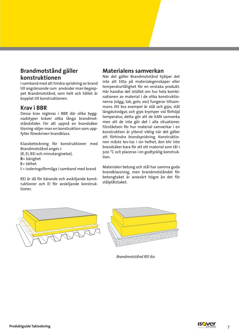 För att uppnå en brandsäker lösning väljer man en konstruktion som uppfyller föreskriven brandklass. Klassbeteckning för konstruktioner med Brandmotstånd anges i: (R, EI, REI och minutangivelse).