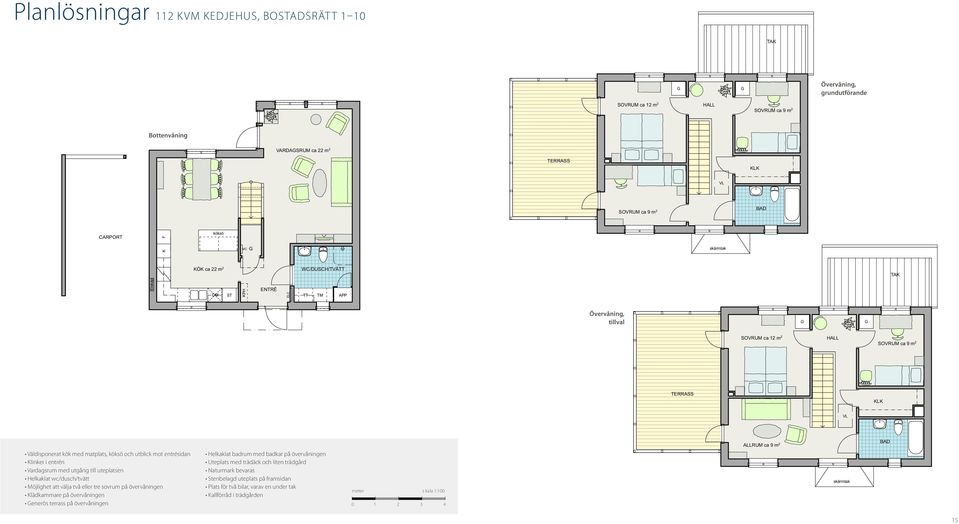 ca 9 m 2 H112 2015-09-18 Möblerade planer, skala 1:100/A4 VARDASRUM ca 22 m 2 1 m 0 5 TERRASS VL KLK Väldisponerat kök med matplats, köksö och utblick mot entrésidan Klinker i entrén Vardagsrum med