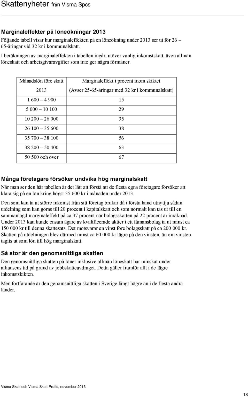 Månadslön före skatt 2013 Marginaleffekt i procent inom skiktet (Avser 25-65-åringar med 32 kr i kommunalskatt) 1 600 4 900 15 5 000 10 100 29 10 200 26 000 35 26 100 35 600 38 35 700 38 100 56 38