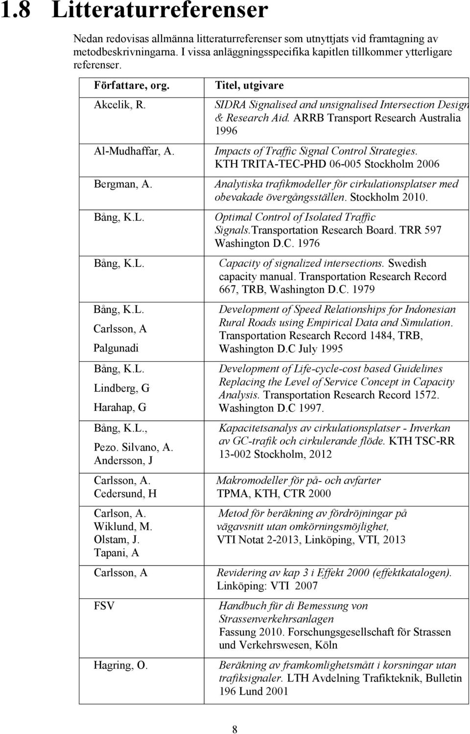 Andersson, J Carlsson, A. Cedersund, H Carlson, A. Wiklund, M. Olstam, J. Tapani, A Carlsson, A FSV Hagring, O. Titel, utgivare SIDRA Signalised and unsignalised Intersection Design & Research Aid.