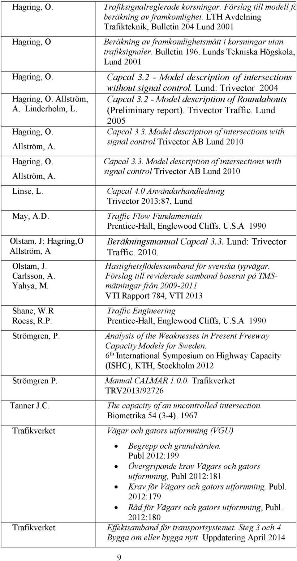 LTH Avdelning Trafikteknik, Bulletin 204 Lund 2001 Beräkning av framkomlighetsmått i korsningar utan trafiksignaler. Bulletin 196. Lunds Tekniska Högskola, Lund 2001 Capcal 3.