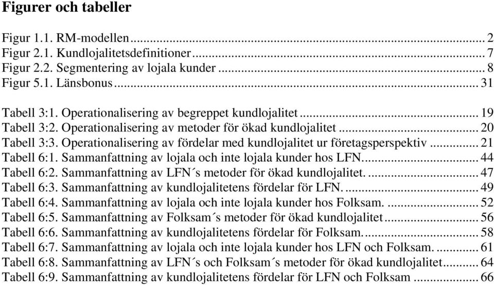 Operationalisering av fördelar med kundlojalitet ur företagsperspektiv... 21 Tabell 6:1. Sammanfattning av lojala och inte lojala kunder hos LFN... 44 Tabell 6:2.