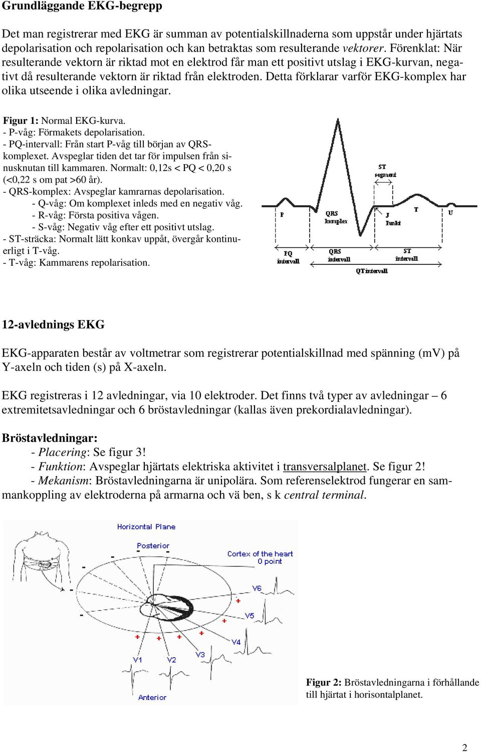 Detta förklarar varför EKG-komplex har olika utseende i olika avledningar. Figur 1: Normal EKG-kurva. - P-våg: Förmakets depolarisation. - PQ-intervall: Från start P-våg till början av QRSkomplexet.