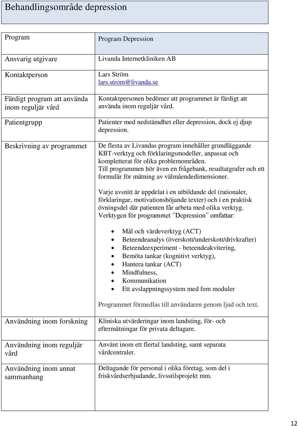 De flesta av Livandas program innehåller grundläggande KBT-verktyg och förklaringsmodeller, anpassat och kompletterat för olika problemområden.