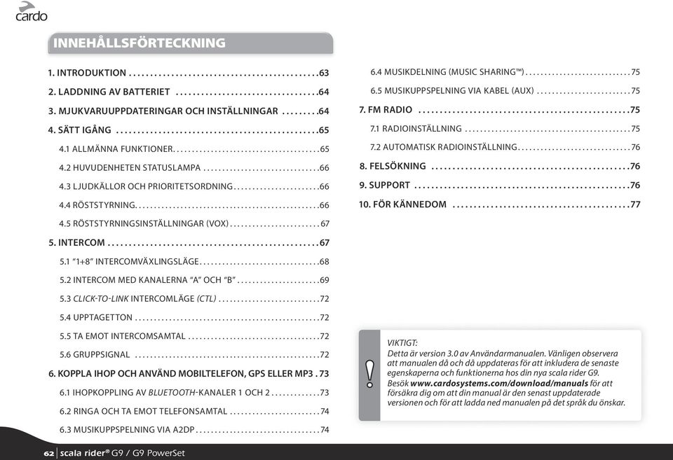 ..76 8. FELSÖKNING...76 9. SUPPORT...76 10. FÖR KÄNNEDOM...77 4.5 RÖSTSTYRNINGSINSTÄLLNINGAR (VOX)...67 5. INTERCOM...67 5.1 1+8 INTERCOMVÄXLINGSLÄGE...68 5.2 INTERCOM MED KANALERNA A OCH B...69 5.