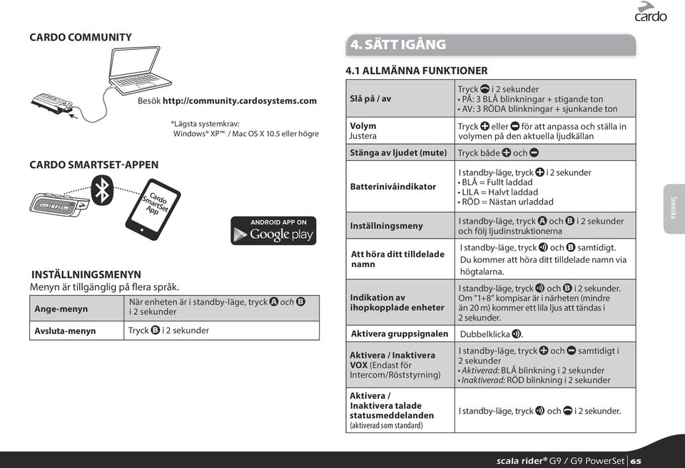 5 eller högre Slå på / av Volym Justera Tryck p i 2 sekunder PÅ: 3 BLÅ blinkningar + stigande ton AV: 3 RÖDA blinkningar + sjunkande ton Tryck + eller - för att anpassa och ställa in volymen på den