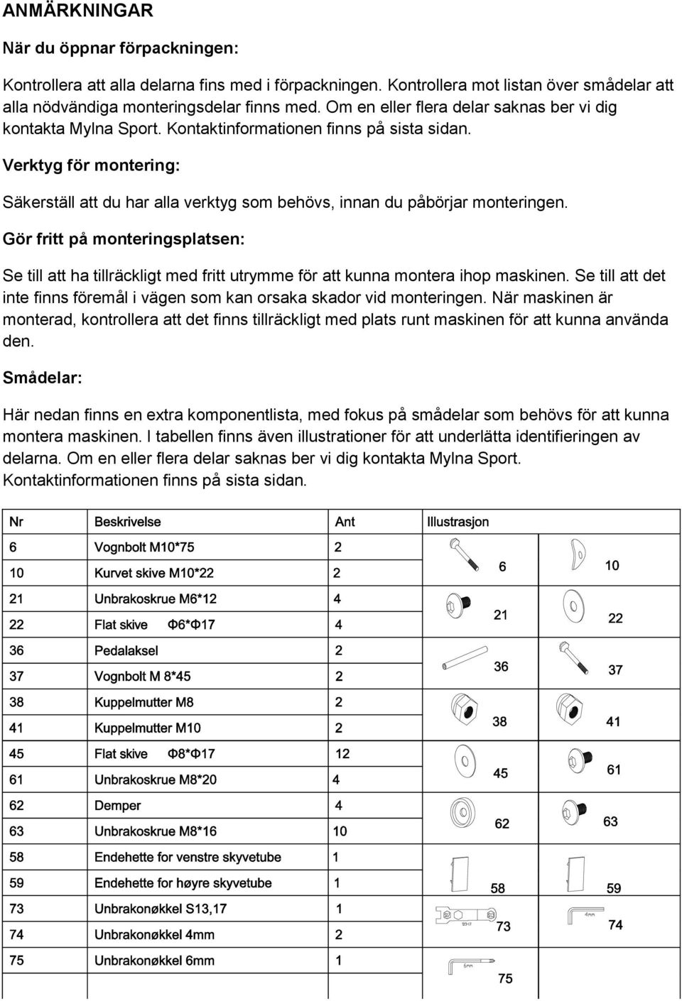 Verktyg för montering: Säkerställ att du har alla verktyg som behövs, innan du påbörjar monteringen.