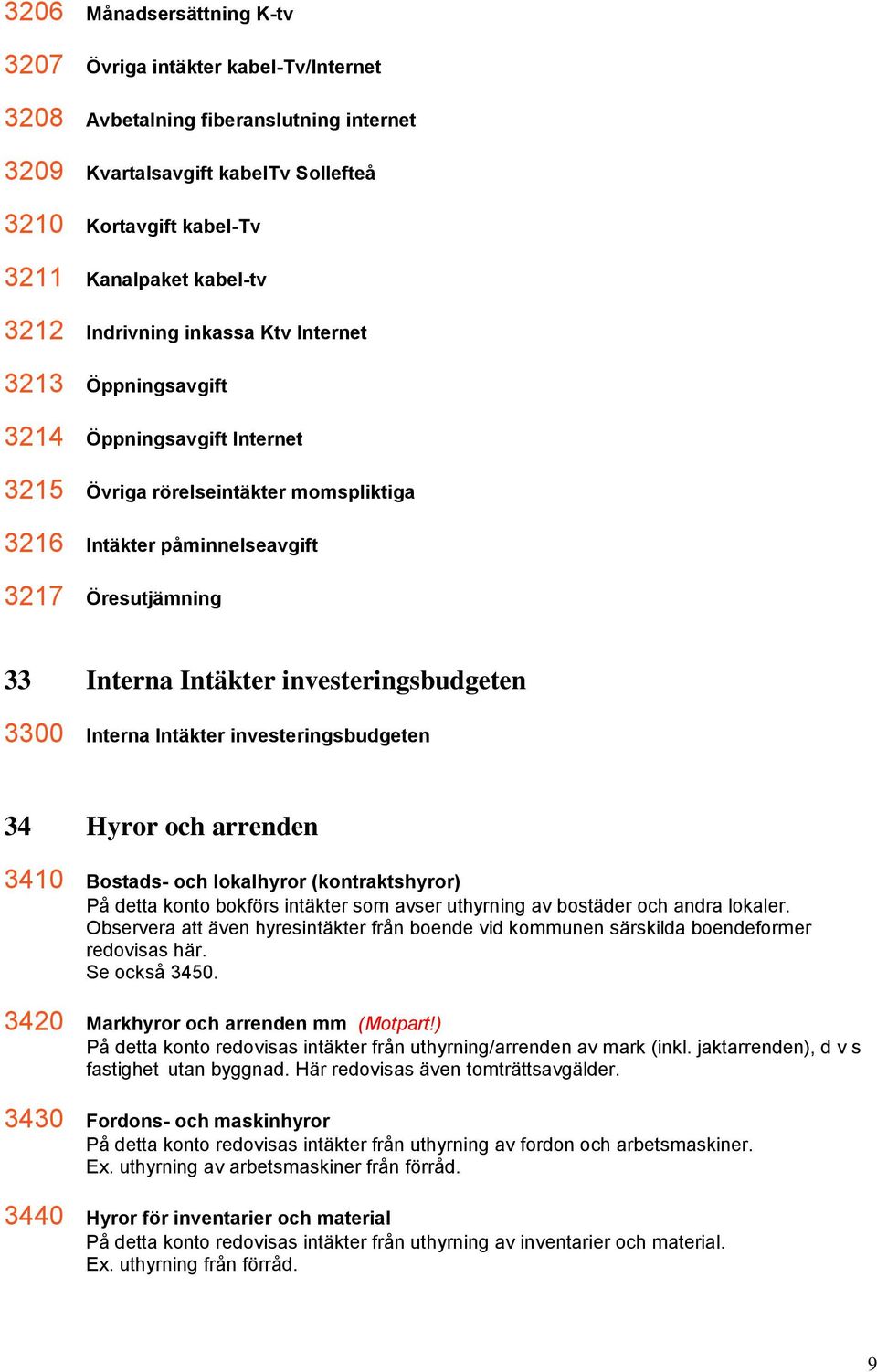 investeringsbudgeten 3300 Interna Intäkter investeringsbudgeten 34 Hyror och arrenden 3410 Bostads- och lokalhyror (kontraktshyror) På detta konto bokförs intäkter som avser uthyrning av bostäder och