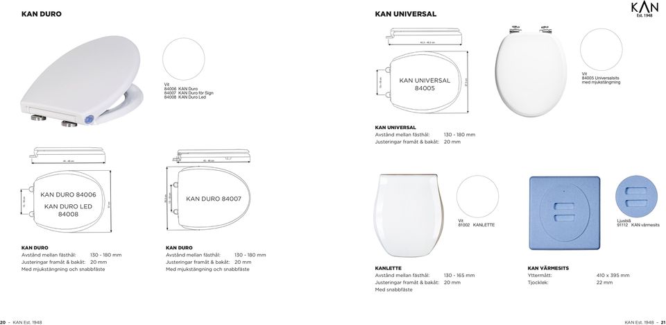 84008 Kan DURO 84007 Vit 81002 Kanlette Ljusblå 91112 Kan värmesits Kan duro Avstånd mellan fästhål: 45-46 cm 130-180 mm Med mjukstängning och snabbfäste 36,5 cm 13-18 cm Kan duro