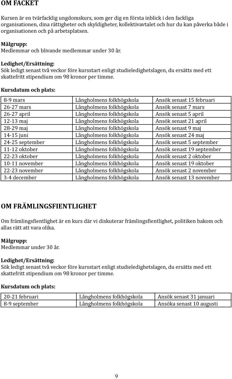 Sök ledigt senast två veckor före kursstart enligt studieledighetslagen, du ersätts med ett 8-9 mars Långholmens folkhögskola Ansök senast 15 februari 26-27 mars Långholmens folkhögskola Ansök senast