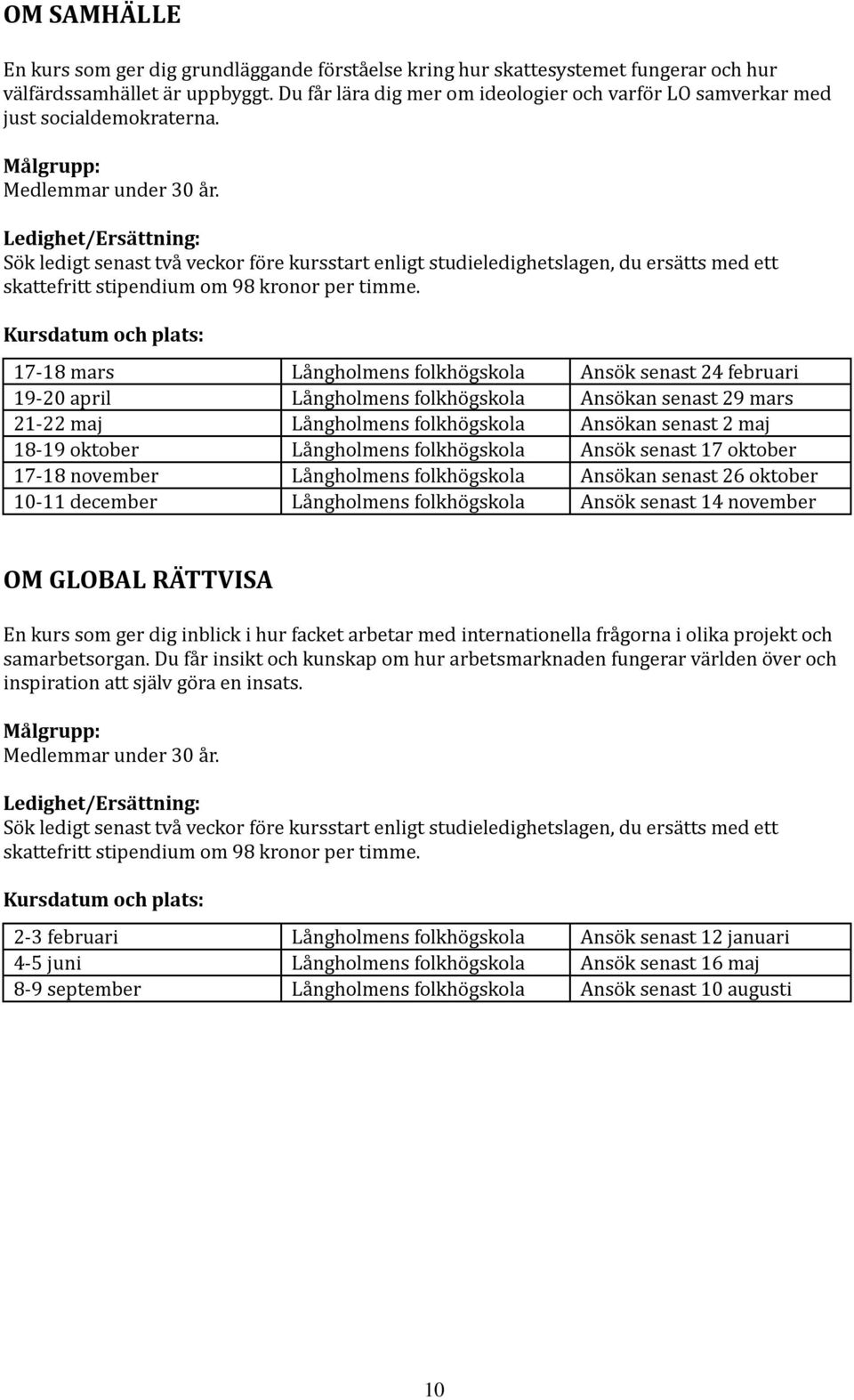 Sök ledigt senast två veckor före kursstart enligt studieledighetslagen, du ersätts med ett 17-18 mars Långholmens folkhögskola Ansök senast 24 februari 19-20 april Långholmens folkhögskola Ansökan