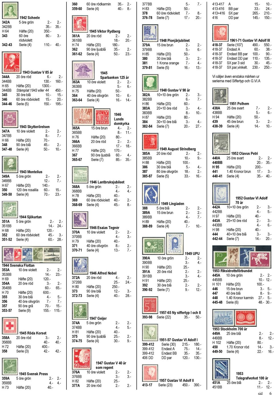 - 7.- H 66 Häfte (20) 70.- 348 90 öre blå 45.- 2.- 347-48 Serie (4) 50.- 10.- 1943 Montelius 349A 5 öre grön 2.- 2.- 349BB 12.- 7.- H 67 Häfte (20) 140.- 350 120 öre rosalila 60.- 15.