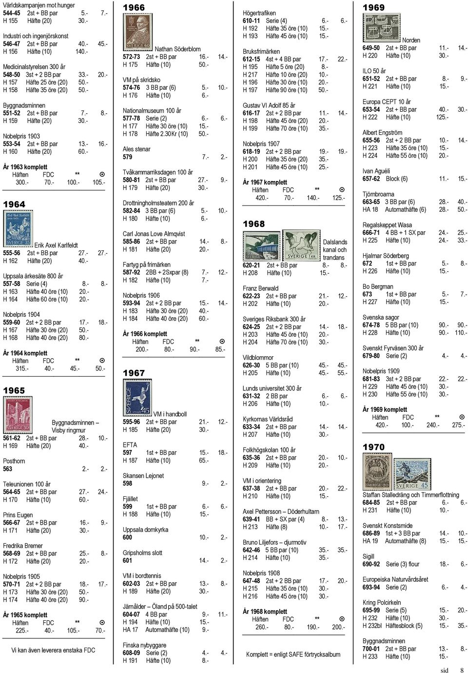 - Nobelpris 1903 553-54 2st + BB par 13.- 16.- H 160 Häfte (20) 60.- År 1963 komplett 300.- 70.- 100.- 105.- 1964 Erik Axel Karlfeldt 555-56 2st + BB par 27.- 27.- H 162 Häfte (20) 40.