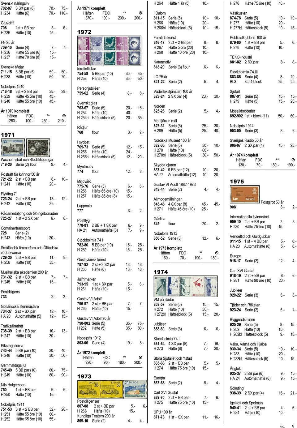 - H 240 Häfte 55 öre (10) 45.- År 1970 komplett 280.- 100.- 230.- 210.- 1971 Waxholmsbåt och Blodsklippingar 719-20 Serie (2) flour 9.- 4.- Rösträtt för kvinnor 50 år 721-22 2 st + BB par 8.- 10.- H 241 Häfte (10) 20.