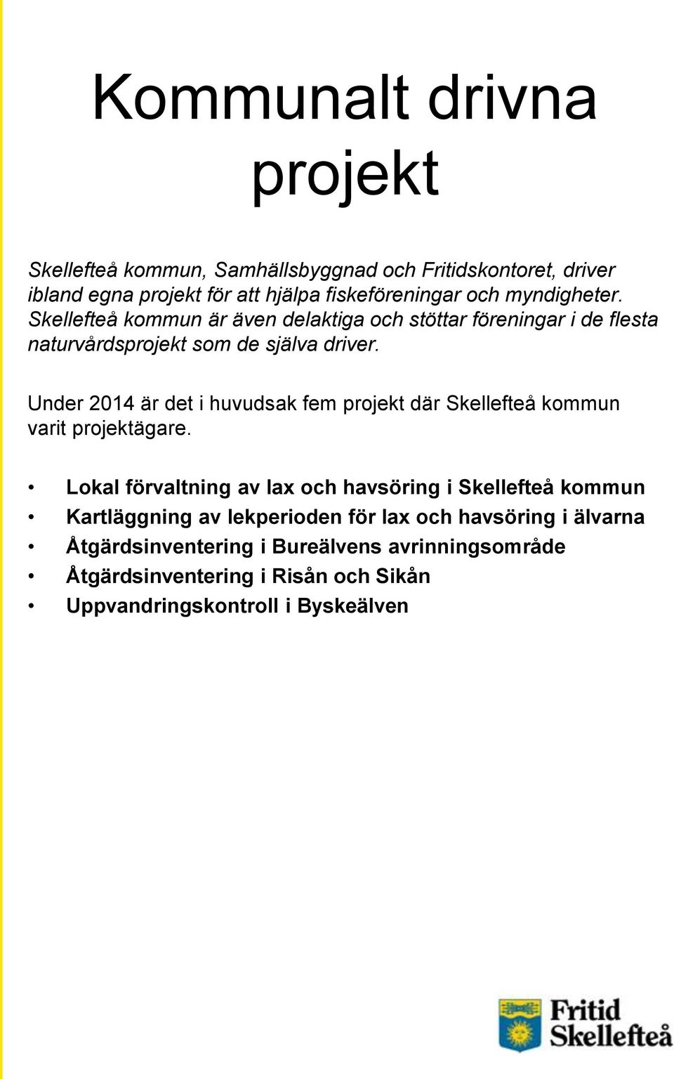 Under 2014 är det i huvudsak fem projekt där Skellefteå kommun varit projektägare.