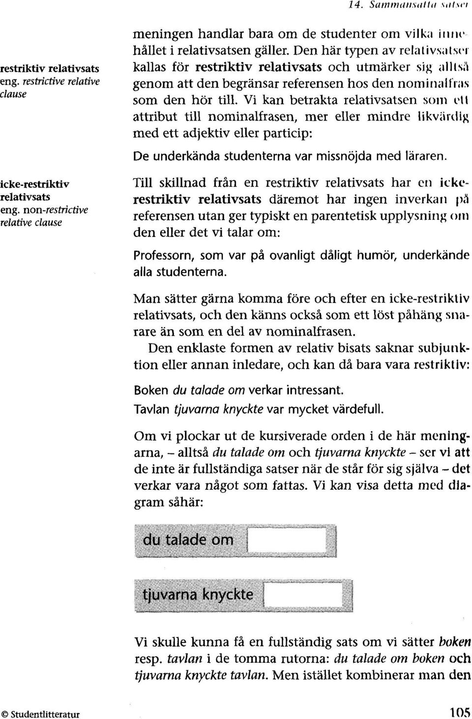 Den här typen av relalivsalsl'l kallas för restriktiv relativsats och utmärker sig allls;, genom att den begränsar referensen hos den nominaifias som den hör till.