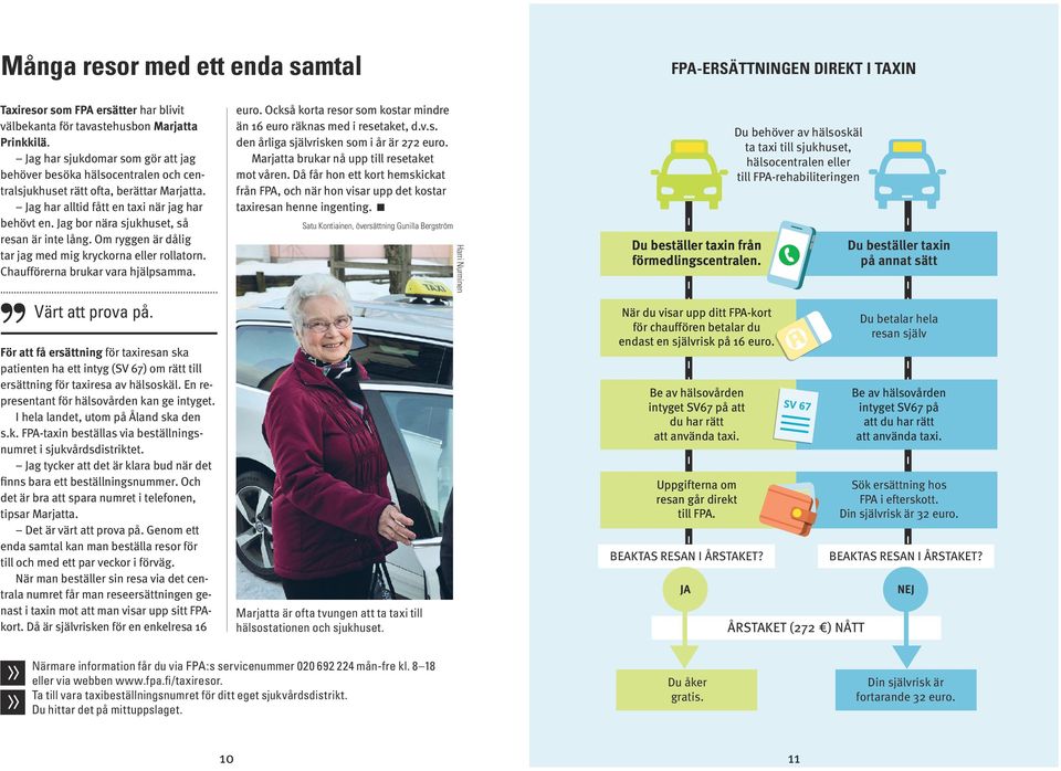 Jag bor nära sjukhuset, så resan är inte lång. Om ryggen är dålig tar jag med mig kryckorna eller rollatorn. Chaufförerna brukar vara hjälpsamma. Värt att prova på.