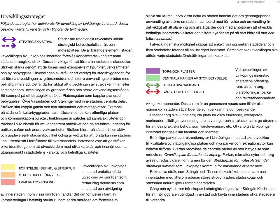 Utvecklingen av Linköpings innerstad föreslås koncentreras kring ett antal sådana strategiska stråk. Dessa är viktiga för att förena innerstadens stadsdelar.