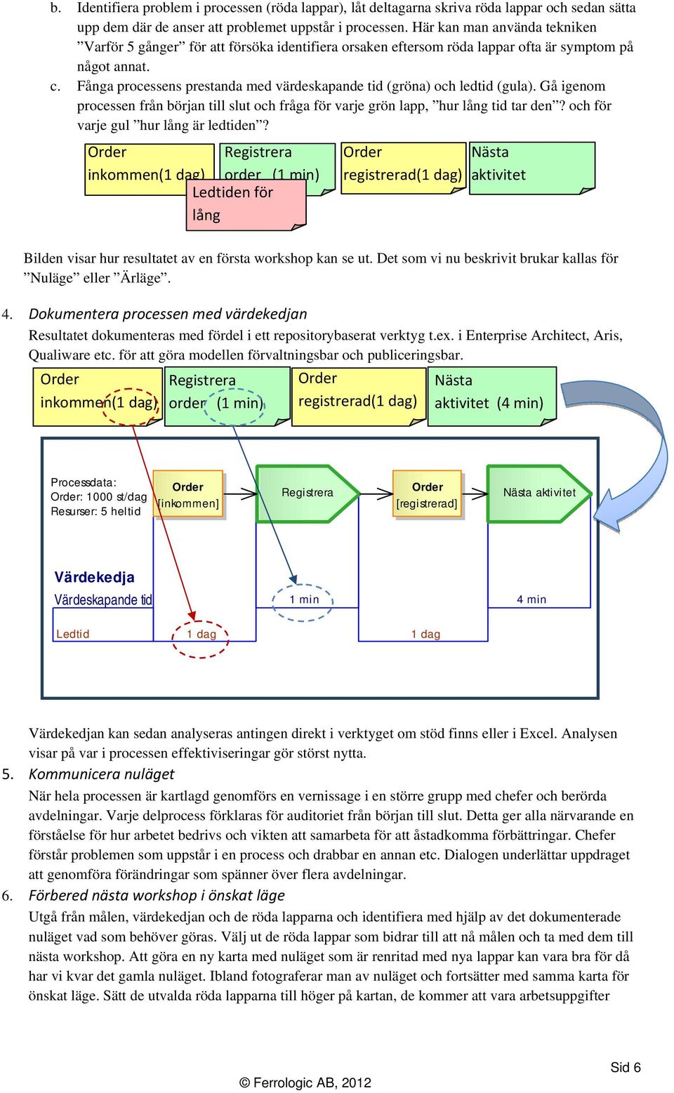 Fånga processens prestanda med värdeskapande tid (gröna) och ledtid (gula). Gå igenom processen från början till slut och fråga för varje grön lapp, hur lång tid tar den?