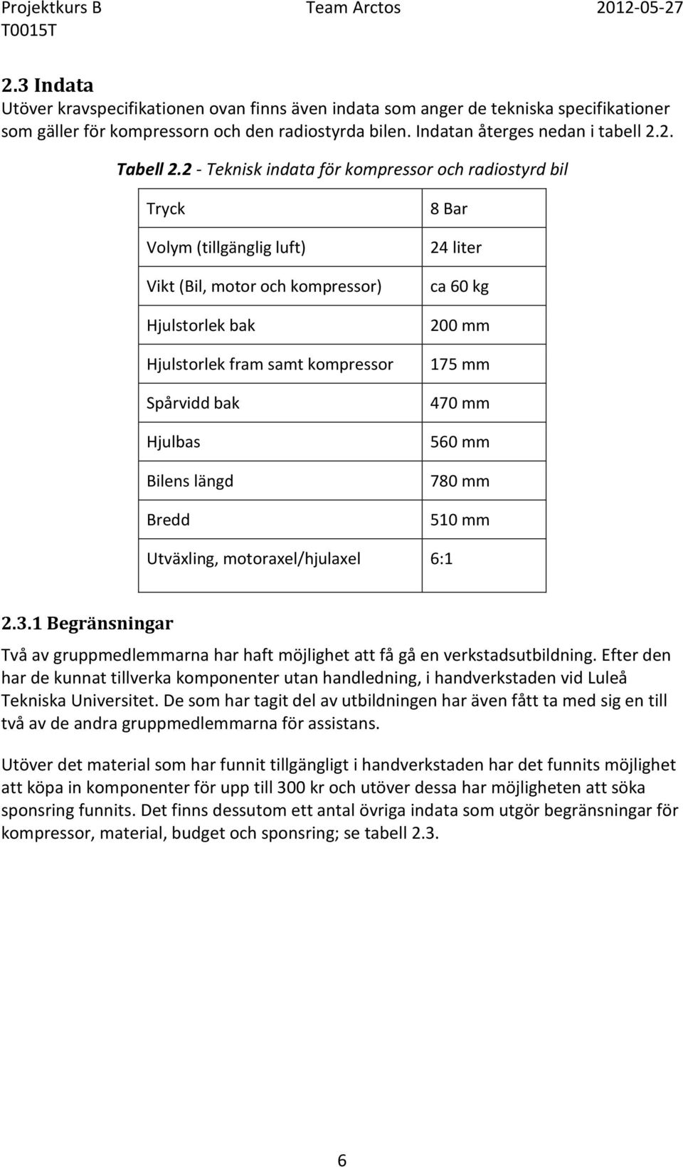 2 - Teknisk indata för kompressor och radiostyrd bil Tryck Volym (tillgänglig luft) Vikt (Bil, motor och kompressor) Hjulstorlek bak Hjulstorlek fram samt kompressor Spårvidd bak Hjulbas Bilens längd