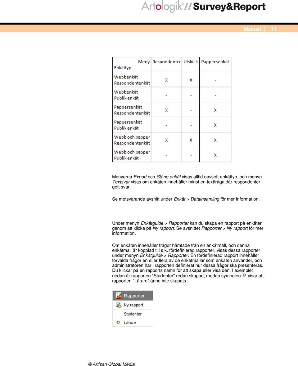 Se avsnittet Rapporter > Ny rapport för mer information. Om enkäten innehåller frågor hämtade från en enkätmall, och denna enkätmall är kopplad till s.k. fördefinierad rapporter, visas dessa rapporter under menyn Enkätguide > Rapporter.