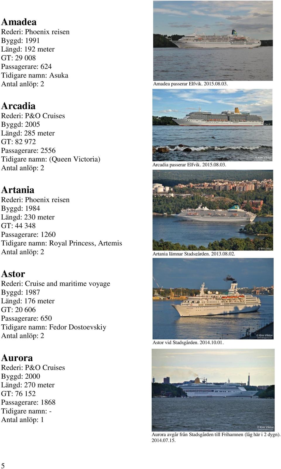 voyage Byggd: 1987 Längd: 176 meter GT: 20 606 Passagerare: 650 Tidigare namn: Fedor Dostoevskiy Amadea passerar Elfvik. 2015.08.03. Arcadia passerar Elfvik. 2015.08.03. Artania lämnar Stadsgården.
