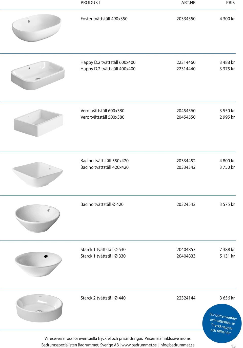 tvättställ 550x420 20334452 4 800 kr Bacino tvättställ 420x420 20334342 3 750 kr Bacino tvättställ Ø 420 20324542 3 575 kr Starck 1