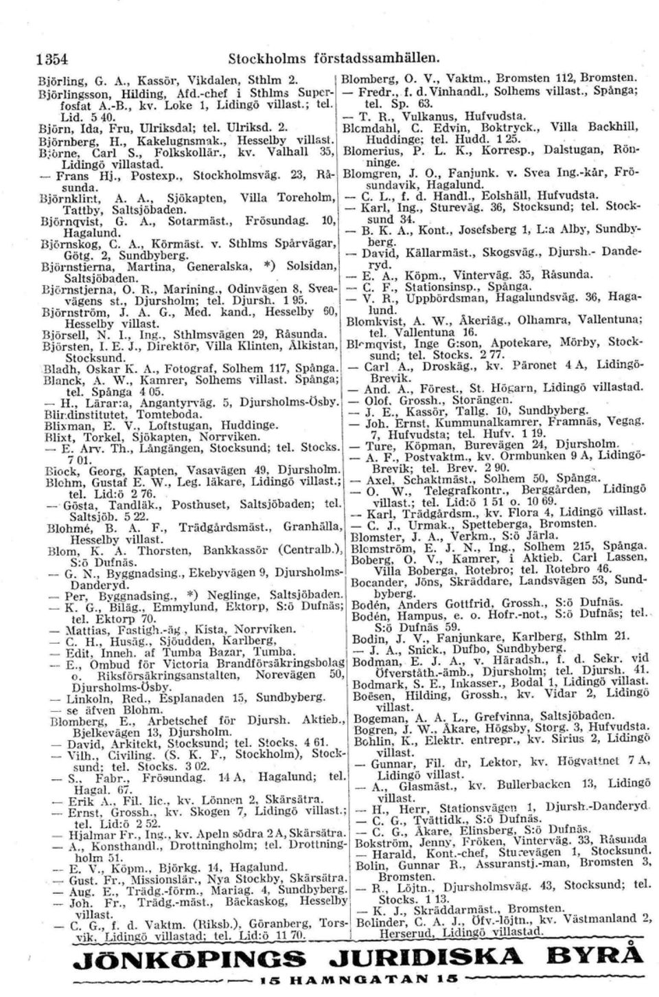 Edvin, Boktryck., Villa Backhill, Biörnberg, H., Kakelugnsrnak., Hesselby villast, Huddinge; tel. Hudd. 1 25. Björne, Carl S., Folkskollär., kv. Valhall 35, Blomerius, P. L. K., Korresp., Dalstugan.