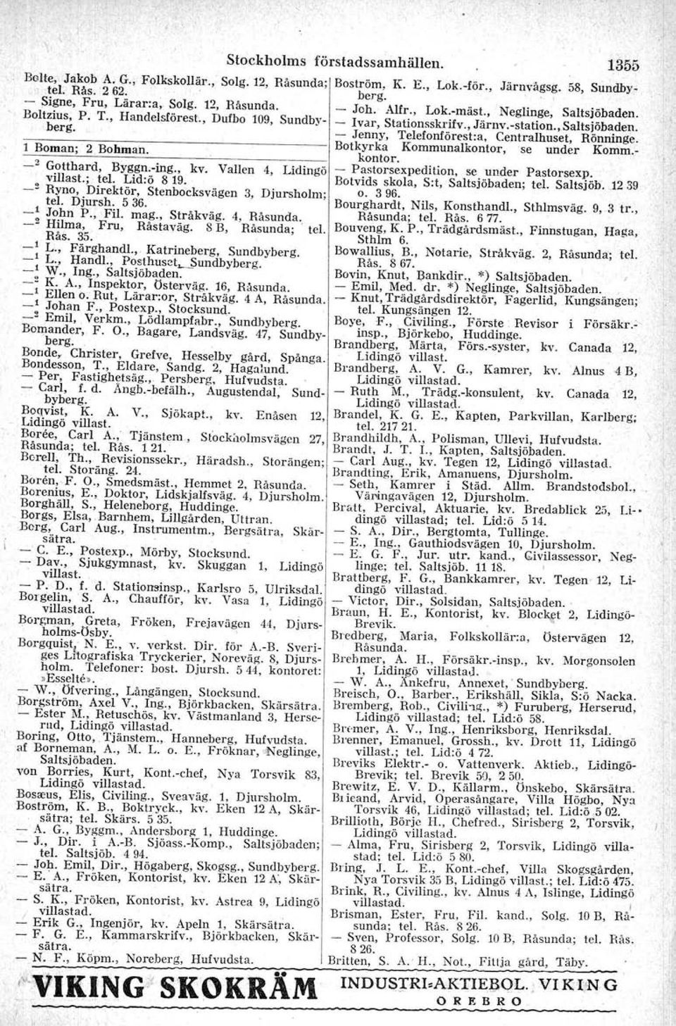 _ Jenny, Telefonförest:a, Centralhuset, Rönninge. 1 Boman; 2 Bohman. --------------------. Botkyrka kontor. Kommunalkontor, se under Komm.- 2 Gotthard, Bvggu-Ing., kv.